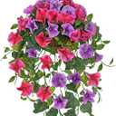 Briful Fake Hanging Flowers with Basket, Artificial Morning Glory Hanging Plants Faux Spring Flowers for Outdoor Front Door Patio Garden Balcony Home Decoration(Pink Purple)