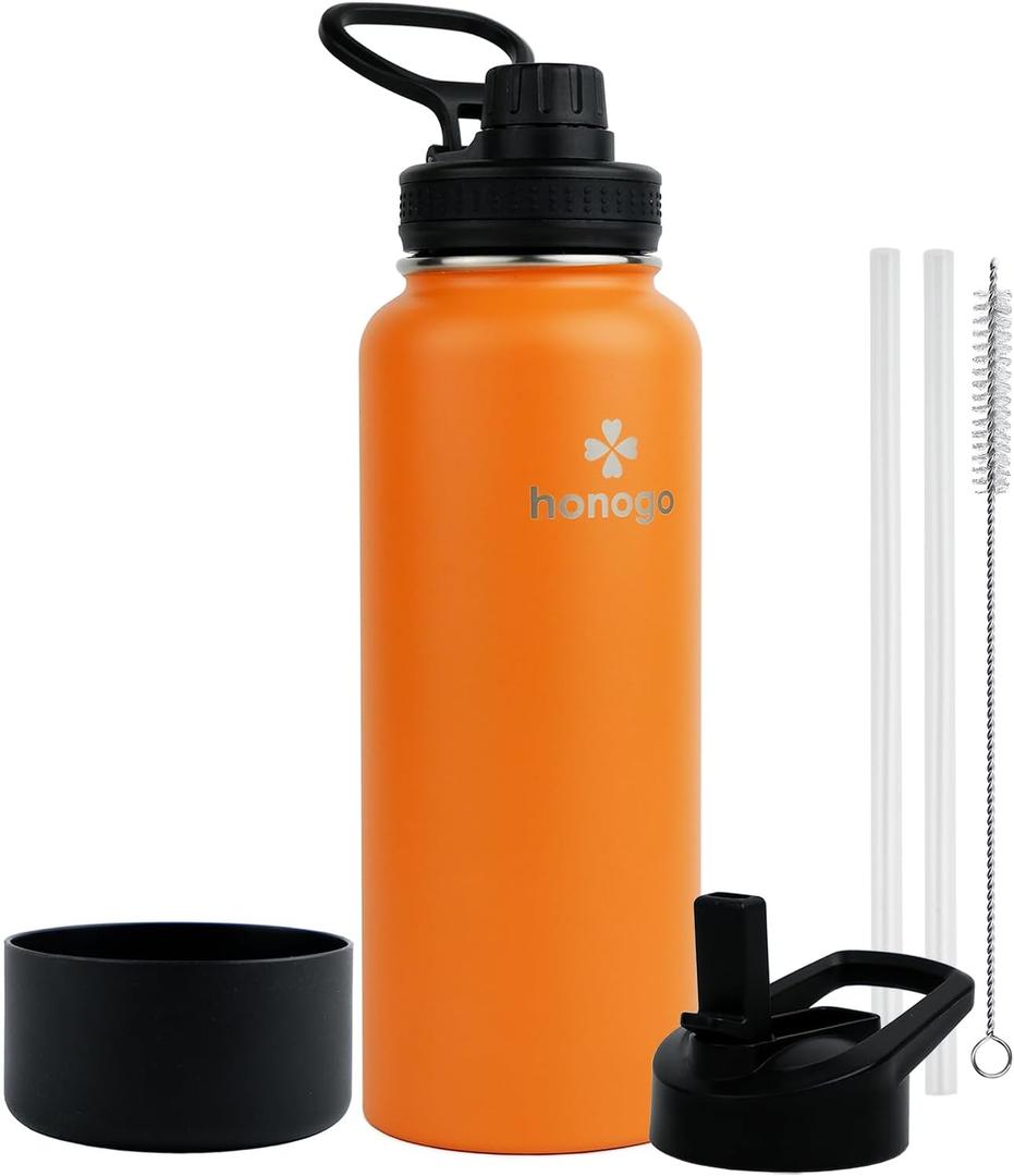 40 oz Double Wall Insulated Metal Water Bottle for Men, Women & Kids, 18/8 Stainless Steel Wide Mouth Thermal Flask with Straw Lid & Spout Lid, Leak Proof, Keep Hot and Cold (Orange, 40 oz)