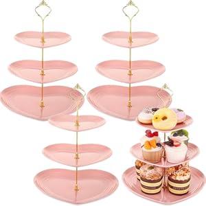 Layhit 4 Pack Valentine's Day 3 Tier Cupcake Stand Heart Shaped 3 Tiered Serving Trays for Party Plastic 3 Tiered Tray Stand Dessert Cupcake Stand for Tea Party Baby Shower Wedding (Pink)