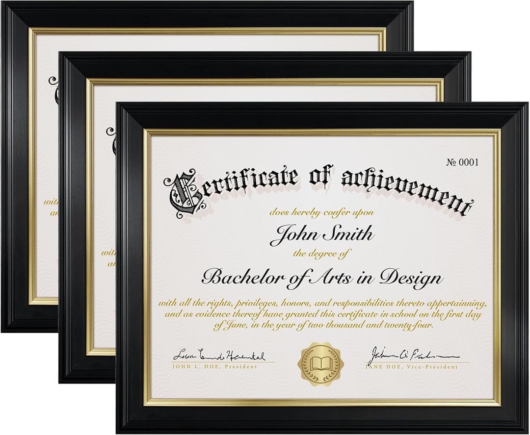 8.5x11 Picture Frame Certificate Diploma Frame with Tempered Real Glass, Black Document Frames for Tabletop & Wall Mount (3 Pack, Black)