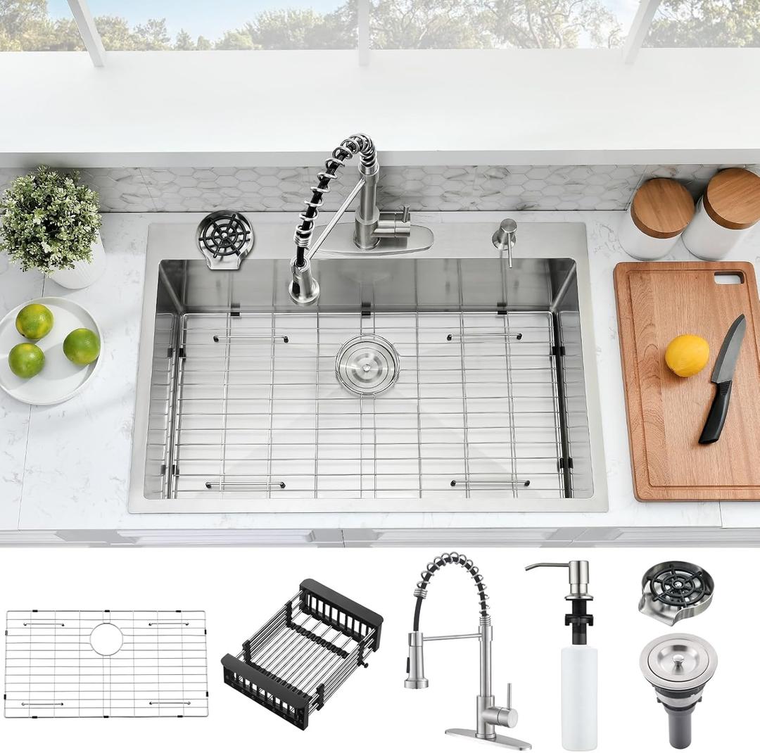 SOMRXO 33 Inch Drop In Kitchen Sink with Faucet Combo-33×19 Drop In Sink with Cup Washer Stainless Steel 10 Inch Deep Sinlge Bowl Kitchen Sinks and Faucets Combo Set