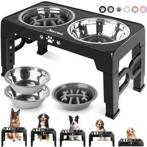 Elevated Dog Bowls, Dog Feeder with 2 Stainless Steel Dishes &1 Slow Feeder Bowl, 5 Heights Adjustable Raised Stand for Medium Large, Food Dishes with Non-Slip Feet (Black)