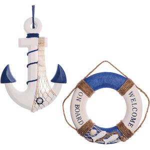 2 Pack 13" Nautical Beach Wooden Ship Wheel and 13" Wooden Anchor with Rope Nautical Boat Steering Wheel Rudder Anchor Wall Art Decor Door Hanging Ornament Beach Theme Home Decoration (Dark Blue)