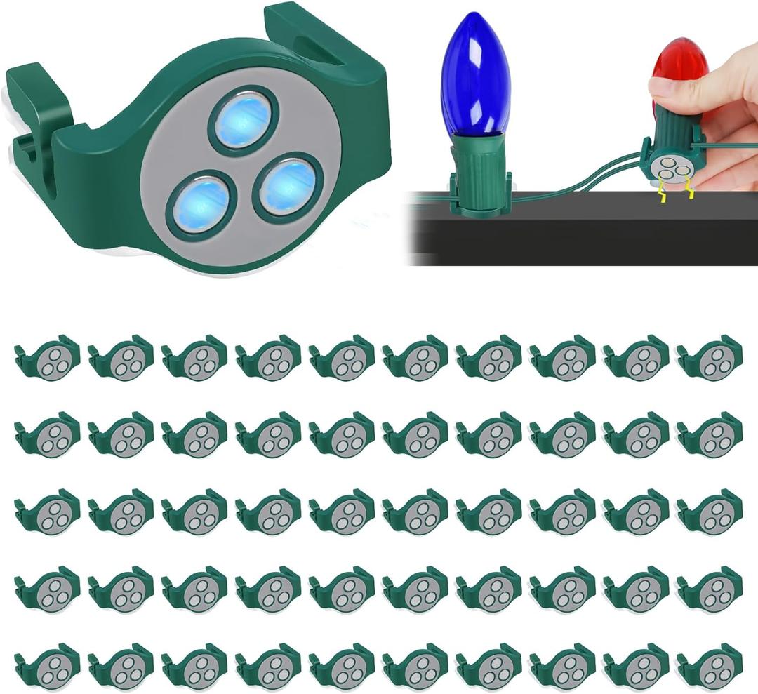 ANGAR 50 Pack Magnetic Christmas Light Clips, Upgraded Anti-Slip Metal Roof Christmas Light Hooks for C9 C7 Sockets, Weather-Resistant String Lighting Clips for Outside Gutters Patio Holiday (Green)