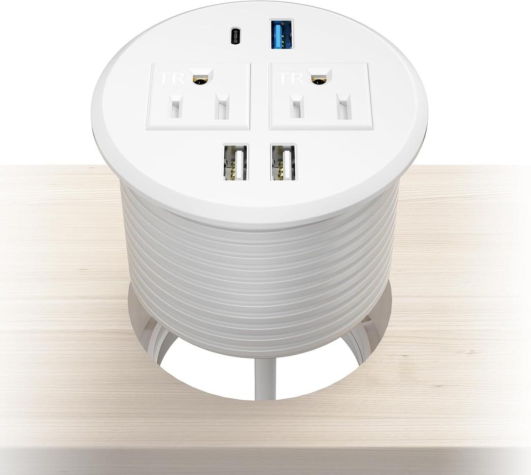 BTU Desktop Power Grommet with PD 20W Fast Charging USB C, Recessed Power Socket with 2 AC Outlets, Flush Mount Power Strip with 3 USB Ports, 6FT Extension Cord (White)