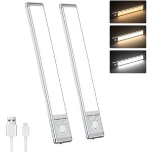 Sanofuturion Motion Sensor Under Cabinet Lighting-Magnetic Rechargeable Closet Lights for Kitchen,Stairs,Wardrobe | 3-Color Dimmable LED Under Counter Lighting | Cord-Free Light Bars (12inch-2Pack)