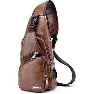 Peicees Leather Sling Bag Mens Crossbody Bag Chest Bag Sling Backpack for Men with USB Charge Port, Medium