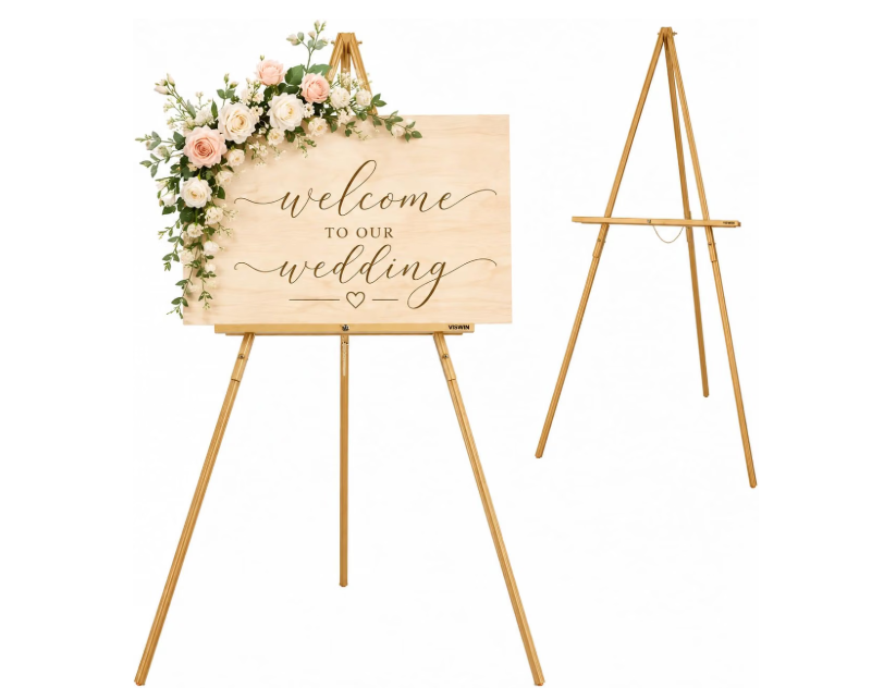 Upgraded 63" Gold Wooden Easel Stand for Sign, Tripod Easel for Wedding Sign Stand, Welcome Board, Poster, Picture, Canvas Art Easel Floor with Tray for Display & Painting