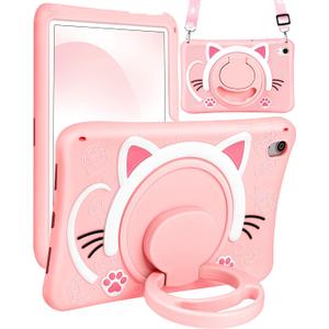 for iPad A16 Case/10th Generation Case - Soft Silicone Tablet Cover for iPad 11th 11 Inch/10th 10.9 Inch Funda Girls Women 3D Cartoon Cute Cat Kitten with Rotating Stand & Strap