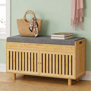 oakvivo Bamboo 35.4in Shoe Storage Bench with Lift Top Storage & Padded Seat Cushion, 2-Tier Shoe Rack Cabinet with 2 Doors for Entryway, Living Room, Bedroom, Mudroom, Natural, 35in Natural