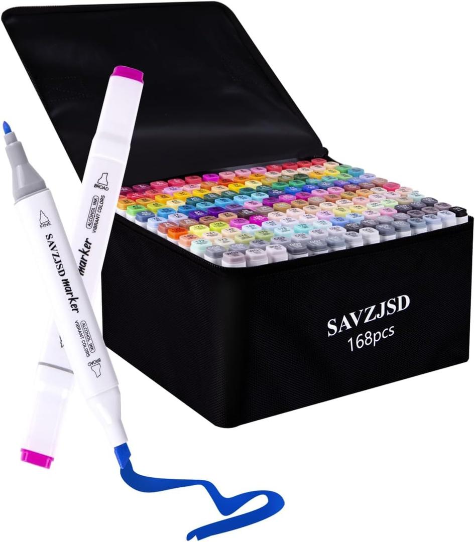 SAVZJSD 168 Colors Alcohol Markers, Dual Tip Markers for Artists or Adults in Coloring, Painting(Fine & Broad)