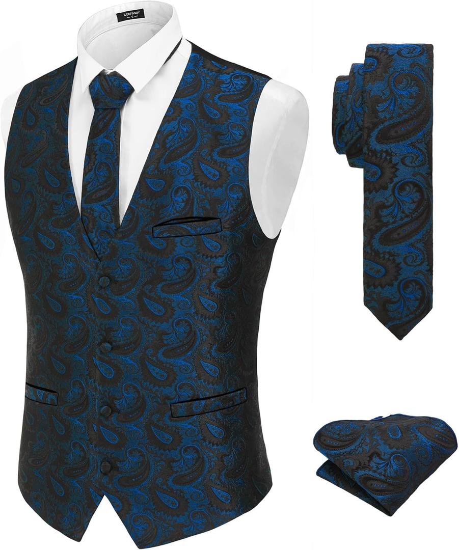 COOFANDY Men's Christmas Vest Tie Set 3PC Paisley Jacquard Waistcoat and Necktie Pocket Square for Holiday Party Wedding (Large) COOFANDY Men's Christmas Vest Tie Set 3PC Paisley Jacquard Waistcoat and Necktie Pocket Square for Holiday Party Wedding (Large)