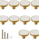 Gold Knobs for Dresser Drawers, Brass Decorative Cabinet Round Knobs, 1.25" Northern Europe/Chinese Style Pearl Shell Handles pulls knobs for Home Decor Furnitures (10 Pack, Snow White)