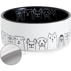 Fun Elements Ceramic Dog Bowls - Large, Non-Slip, 64 Fl Oz, Black with Adorable Dog Patterns (Large, Black)