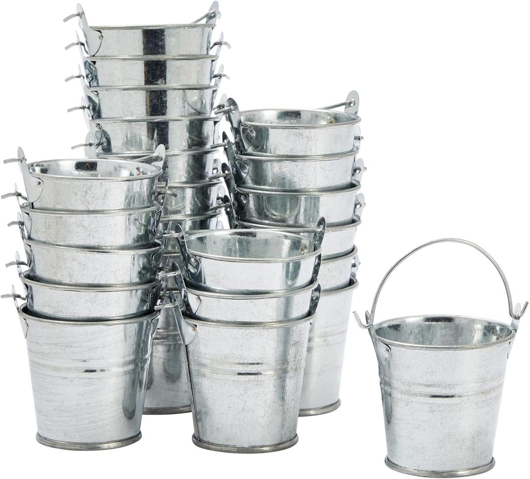 Juvale Mini Metal Buckets - 2 x 2 in, Silver, Pack of 24 - Mini Tin Buckets & Metal Tins with Handles for Party Favors, Crafts & Galvanized Decor