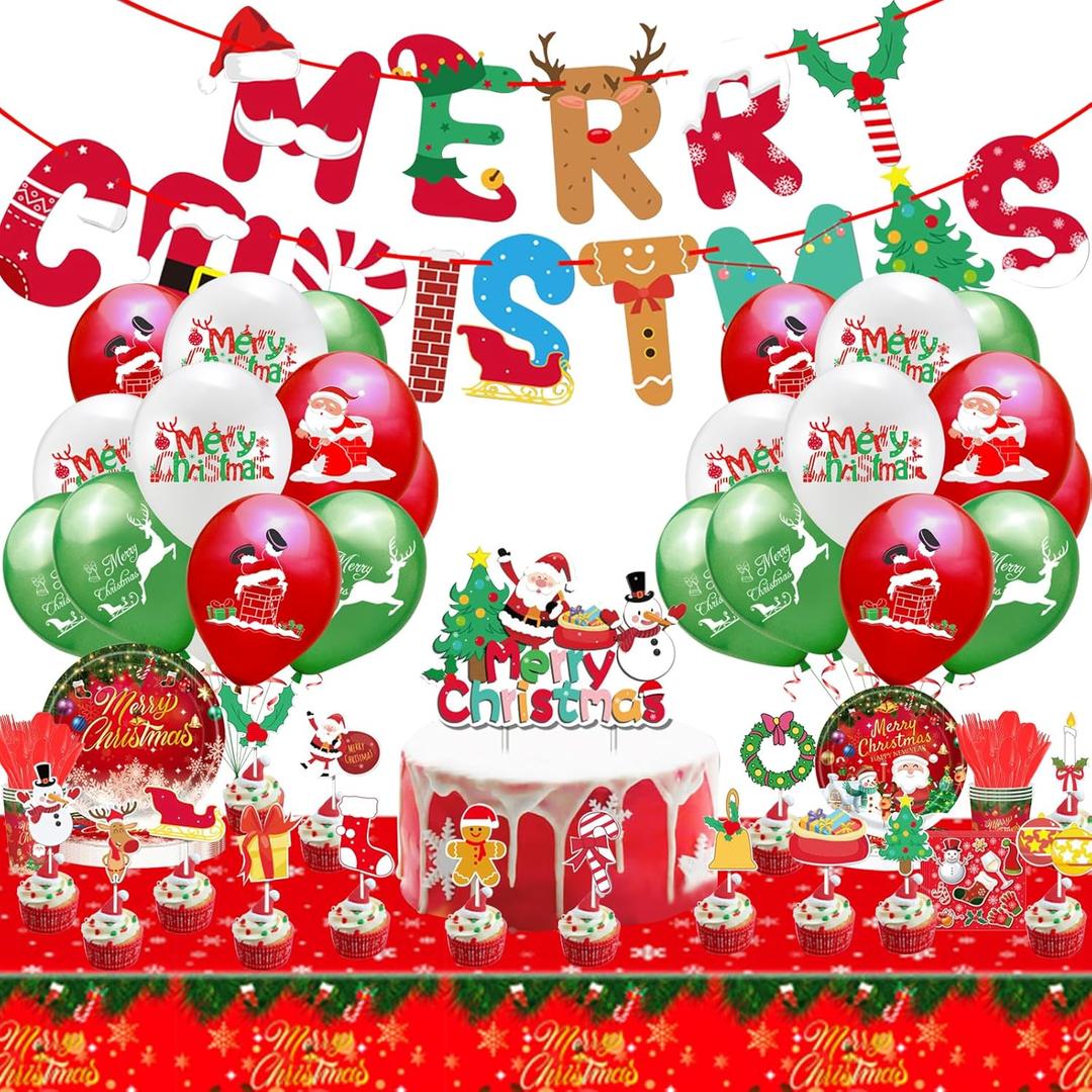 Christmas Dinnerware Set Santa Claus Party Supplies Includes Plates Napkins Cups Knives Spoons Forks Tablecloth Balloons Banner Cupcake Toppers for Merry Christmas Party 156 Pieces