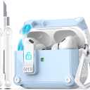 R-fun Compatible with AirPods Pro 2nd Generation 2023(USB-C),2022(Lightning Cable),1st Gen 2019 Charging Case, Full Drop Protection Auto Pop-Up Lid Design with Cleaner Kit,White/Sky Blue