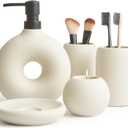 Ceramic Bathroom Accessory Set, 5 Pcs - Soap Dispenser 16 Oz, Toothbrush Cup, Toothbrush Holder, Soap Dish, Candle Holder - Beige, Boho Bathroom Sink Decor, Modern Countertop Accessories