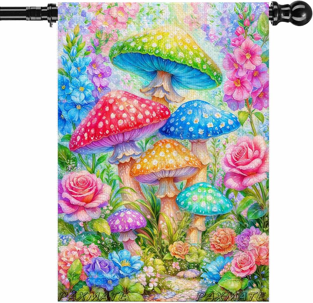 Spring Summer House Flag 28x40 Inch Double Sided Outside Colorful Mushroom Floral Flowers Outdoor Seasonal Holiday Welcome Yard Decoration