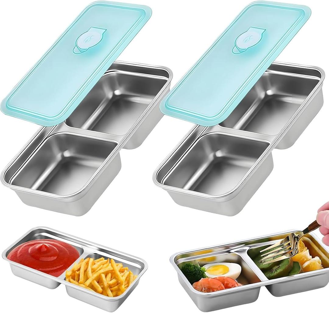 Stainless Steel Snack Containers, 2 PCS Grab and Go Double Compartment Reusable Snack Containers with Lids, Food Lunch Meal Container, Food Snack Boxs for Travel, Office, Picnic