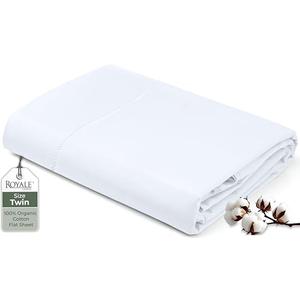 Royale Linens 100% Organic Cotton Twin Flat Sheet Only - Super Soft - Percale Top Sheets - Twin Flat Sheet Sold Separately - Breathable, Cool & Crisp White Sheets Only (66" x 96", White)