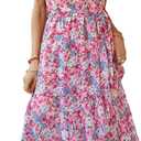 PRETTYGARDEN Women's Summer Floral Boho Maxi Dress Short Sleeve Wrap V Neck Ruffle Long Flowy Beach Wedding Guest Dresses (Medium)