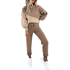 Fixmatti Women 2 Piece Colorblock Outfits High Neck Sweatshirt and Sweatpants Jogger Set Sweatsuit Khaki M