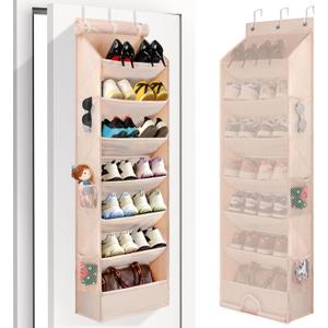 7 Tier Over The Door Shoe Organizer, Hanging Shoe Rack for Closet with Dustproof Mesh Curtain & 6 Side Pockets, Behind The Door Narrow Shoe Holder Hanger for Sneakers, Boots (Beige)