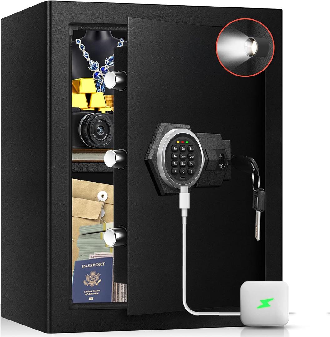 Fireproof Home Safe Box- Steel Digital Combination Lock Security Box with Type-C Backup & Sensor Light, Key Lock Safety Box for House Office Documents Money Jewelry Handgun - Black 3.2 Cu Ft