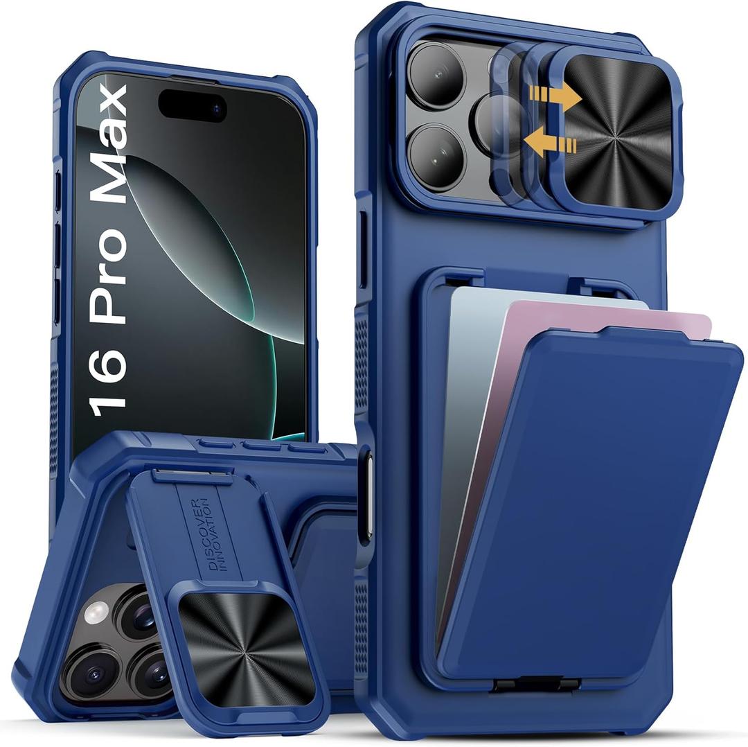 SSLOTSCASE for iPhone 16 Pro Max Case with Stand & Credit Card Holder & Sliding Camera Cover, Full-Body Drop Proof TPU Soft Silicone Edge Protective Case Cover for iPhone 16 Pro Max 6.9'' 5G, Blue