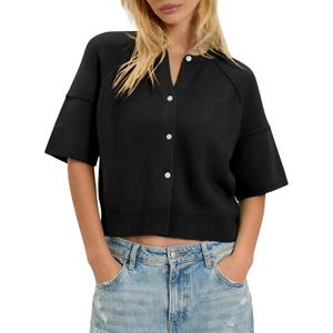 Womens Short Sleeve Cardigan Summer Sweaters Crew Neck Button Down Knit Shirt Blouse Dressy Casual Tops (Black, M)