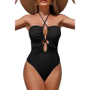 Women's One Piece Swimsuit Tummy Control Bathing Suit Sexy Flattering Cutout Criss Cross Swimwear (Medium, Black)