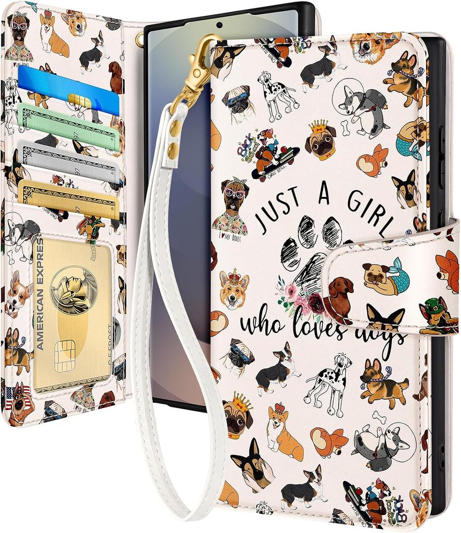 Toycamp for Samsung Galaxy S25 Ultra Wallet Case with Wrist Strap - Leather Flip Folio Phone Case with RFID Blocking 4 Card Slots Galaxy S25 Ultra Funda Cute Aesthetic for Women Lady, Little Puppy