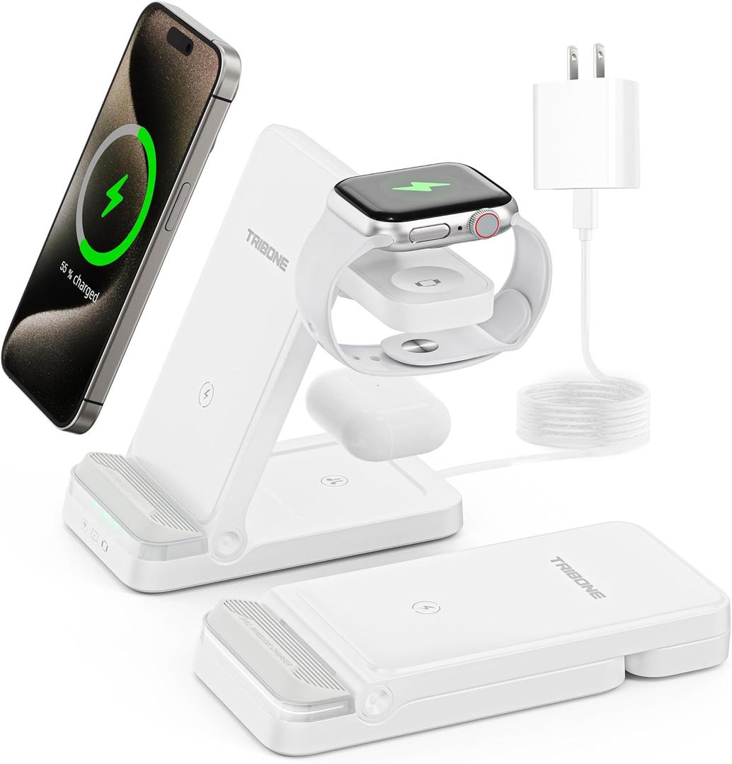Wireless Charger, Tribone 3 in 1 Foldable Fast Charger for iPhone 17 16 15 14 13 12 11 Pro Max XR XS 8 Plus, for Apple Watch 11 10 9 8 7 6 5 4 3 2 SE Ultra, for AirPods Pro 4 3 2 (White)