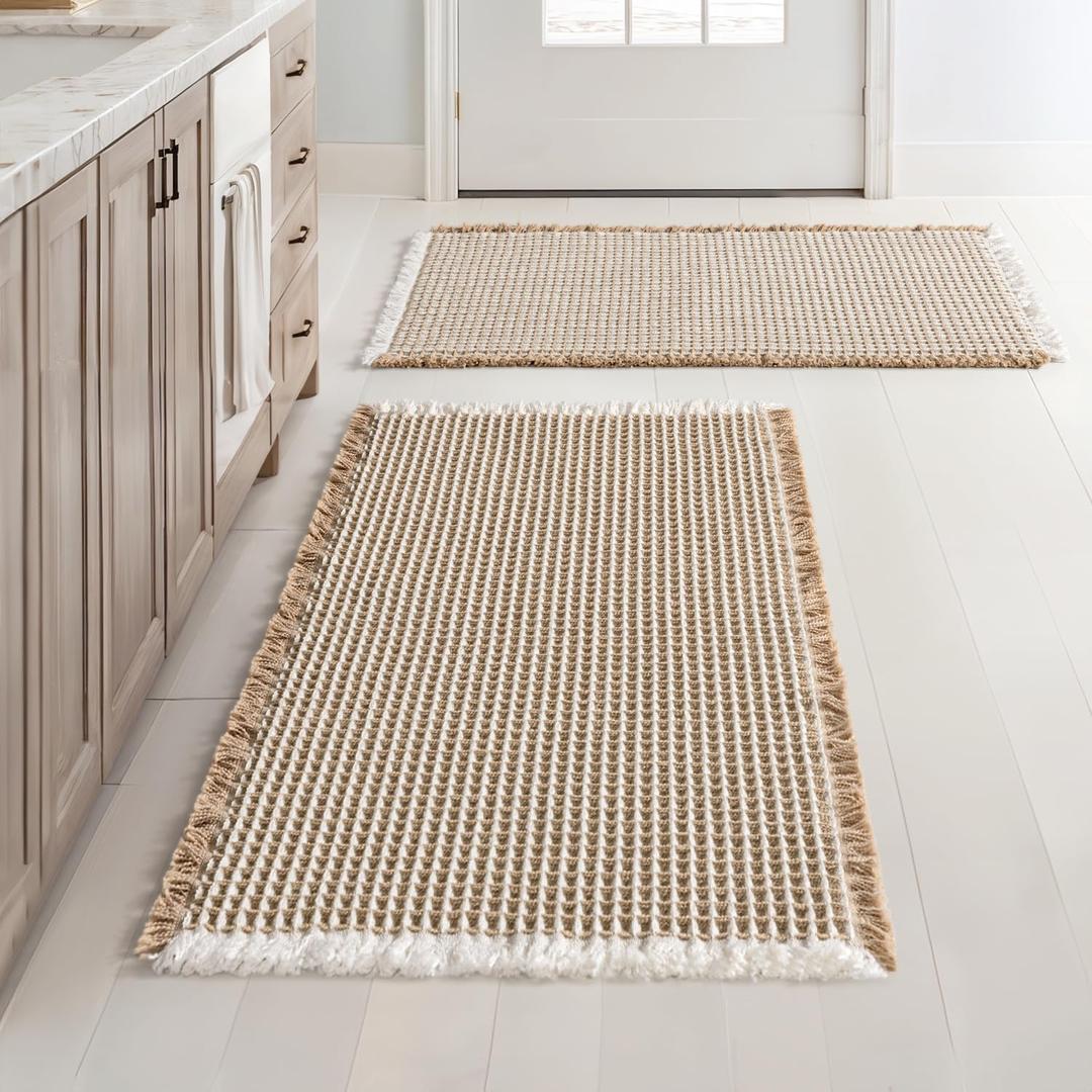 MIULEE Set of 2 Waffle Bathroom Rugs, Boho Bath Rugs Non Slip Washable, Super Absorbent Bath Mats, Ultra Soft Rubber Backed Shower Mats for Bathroom Floor, Tub, Brown & White, 18x30 Inch