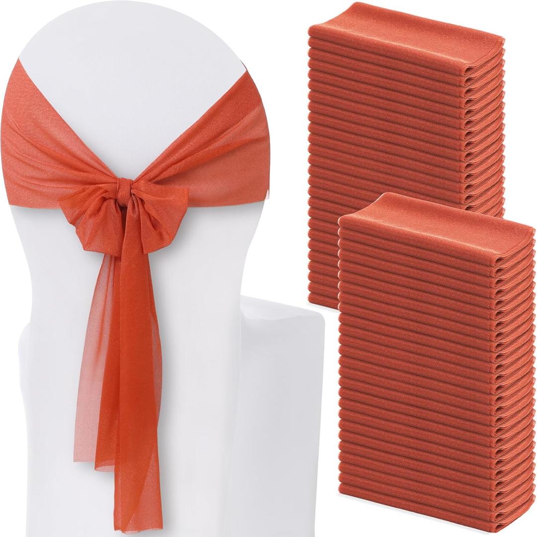 Moukeren 50 Pcs Chiffon Chair Sash Bow Ties Chair Ribbon Back Ties Chair Cover Band Bulk Dining Chair Cover Decoration for Wedding Party Ceremony Banquet Birthday Event Home Decoration(Rust Red)