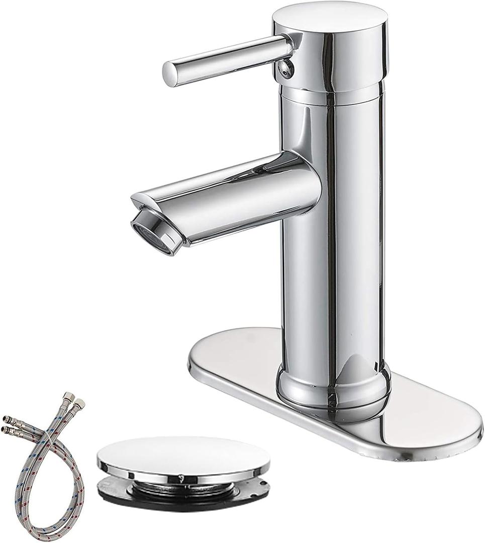Chrome Bathroom Faucets 1 Hole, Single Handle One Hole Bathroom Sink Faucet, Deck Mount Lavatory Vanity Faucet with Cover Plate, Pop Up Drain with Overflow Included, Brass (With pop up drain)