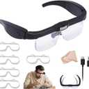 Professional Magnifying Glasses Headset with 5 Detachable Lenses 0.75X-4.0X & 3 LED Lights, Rechargeable Hands-Free Headband Magnifier for Close Work, Jewelry Crafts Hobby (Black)