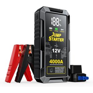 Car Battery Jump Starter with 4000A Peak Smart Clip LCD Display and 3 Modes Flashlight for Up to All Gas and 10.0L Diesel Engine 12V Auto Battery Booster Jumper Cables Portable Lithium Jump Box