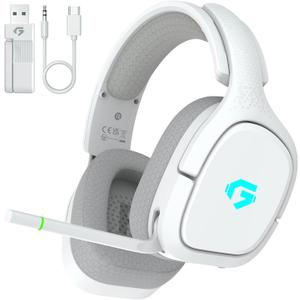 2.4GHz Wireless Gaming Headsets for PS5, PS4, PC, Switch - Bluetooth 5.4 Gaming Headphones with Noise Canceling Mic, Low Latency Connection, 3D Immersive Surround Sound, 30H Battery, White