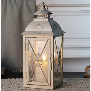 TRIROCKS Set of 2 Vintage Hanging Lantern - 13.5'' Decorative Metal & Tempered Glass Candle Holder - Ideal for Indoor/Outdoor Events, Patio, Garden, Parties White & Gold Brush Finish