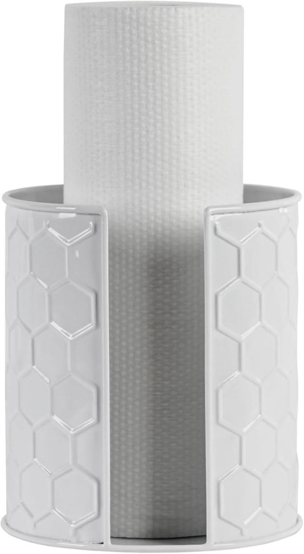 Paper Towel Holder for Countertop with Weighted Base Suction Cups Easy Tear Metal White Honeycomb Pattern Embossed Decorative Standing Kitchen Roll Dispenser for Bars & Dining Tables