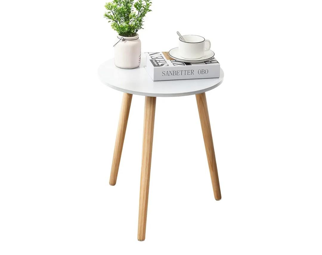 Apicizon Round Side Table, White Bedside Table Coffee End Table for Bedroom, Living Room, Small Spaces, Easy Assembly Nightstands with Natural Wood Legs, 16.5 x 20.5 Inches