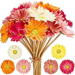 WILLBOND 18 Pieces Artificial Gerbera Daisies Flowers Fake Daisy Faux Boho Daisy Flowers Bouquet 15 in for Boho Birthday Decorations Wedding Home Decor (White,Pink,Yellow,Orange,Rose,Coral)