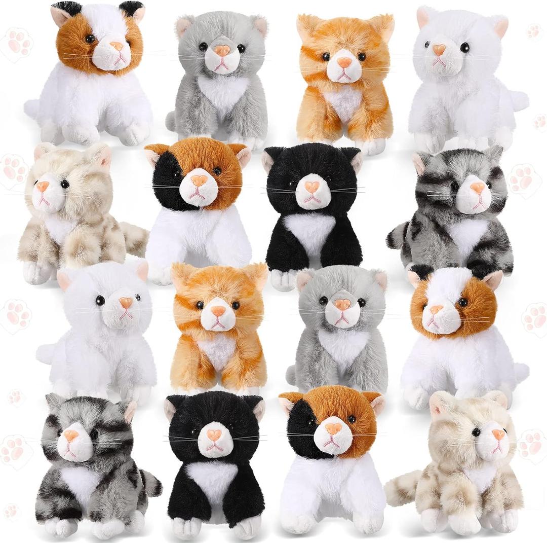 Leitee 16 Pcs Cat Stuffed Animals Bulk 5 Inch Kitten Plush Toy Assorted Cute Cat Plush Stuffed Gift Small Fluffy Animal Toy for Birthday Adopt Pet Valentines Classroom Party Favor(Cute Style)