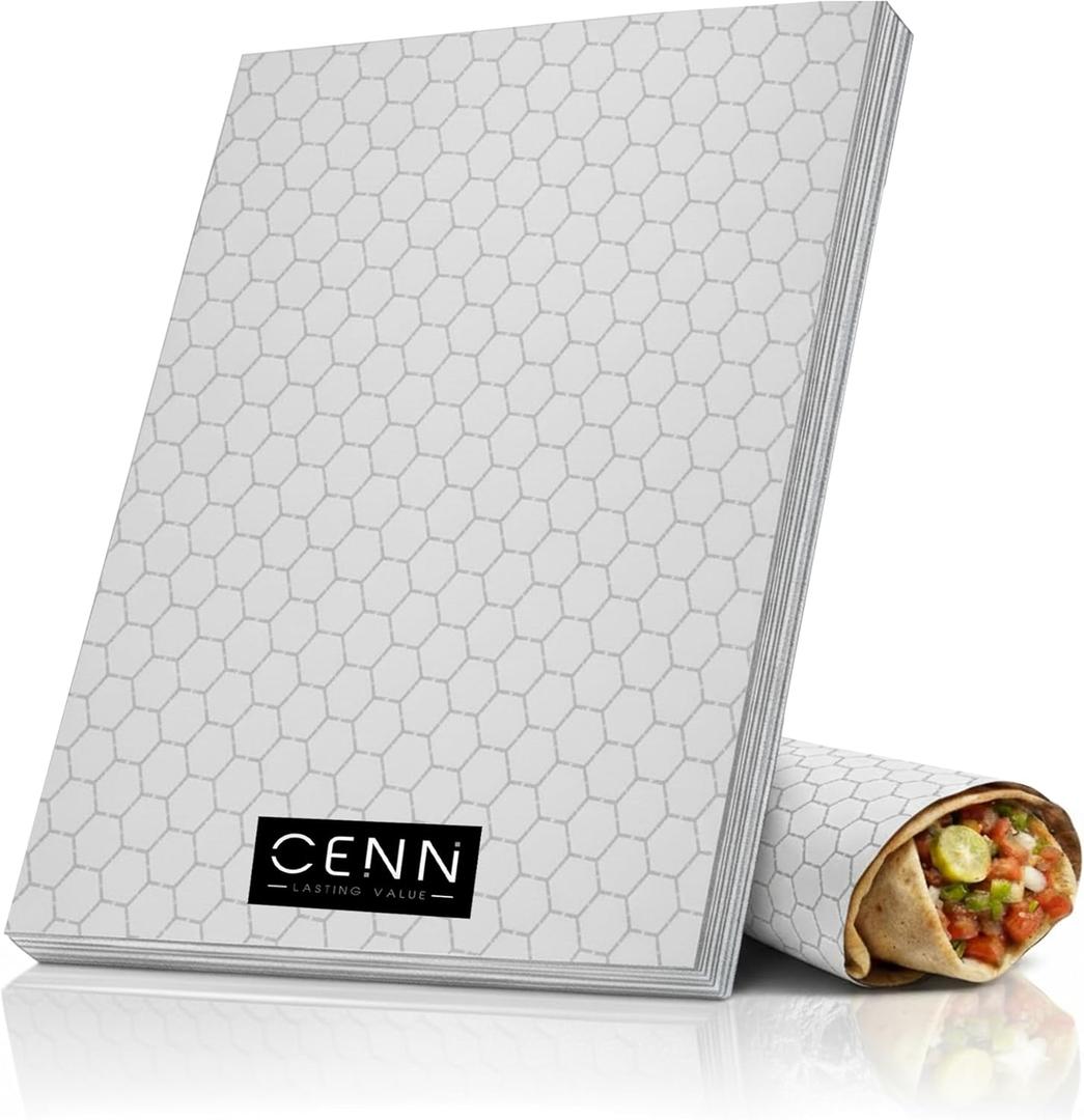 CENN Insulated Sandwich Wrapping Paper Pre-Cut Aluminum Foil Sheets [150 Pack] 10.75"x14" Non-Stick Paper-Backed Tin Foil for Sandwich Wraps, Burritos, BBQ - Grease-Resistant Foil Wrapping Sheets