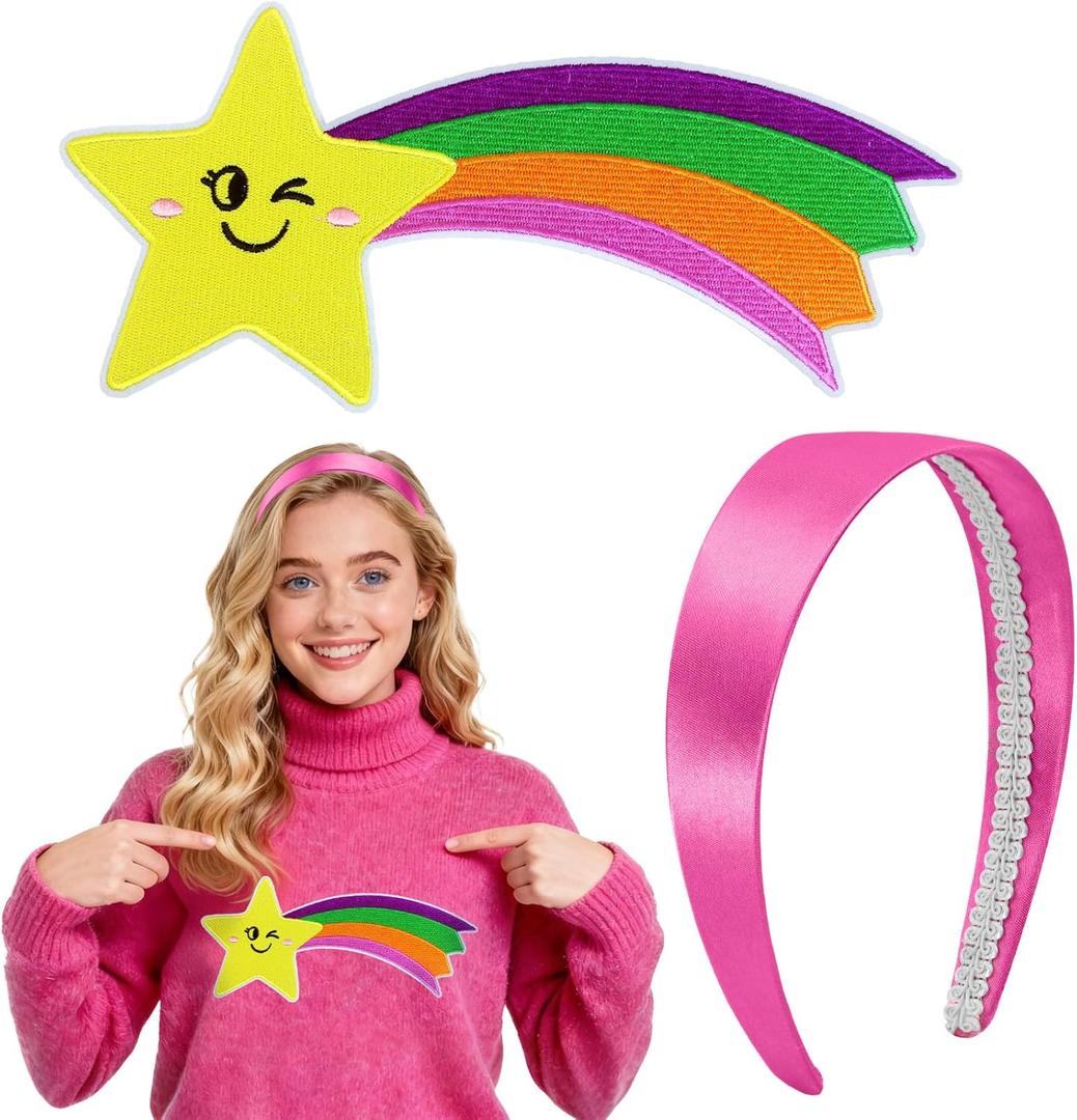 5 x Large Rainbow Shooting Star Patch & Pink Satin Headband - Iron-On Patch, Halloween Costume Accessories Set for Fun Cartoon Cosplay