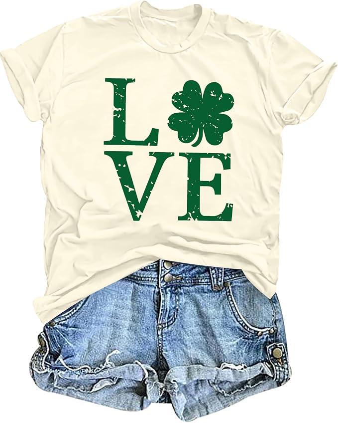 Love Shamrock Graphic St Patrick's Day Cute T-Shirt Women's Lucky Clover Irish Tees Short Sleeve Casual Tops M