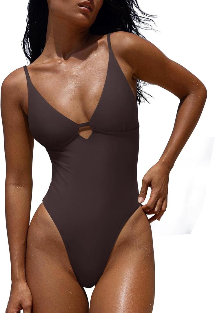 LASLULU Women's Sexy One Piece Swimsuits V Neck Padded Bathing Suit Modest Front Cutout Open Back Slimming Swimsuit (Brown, M)