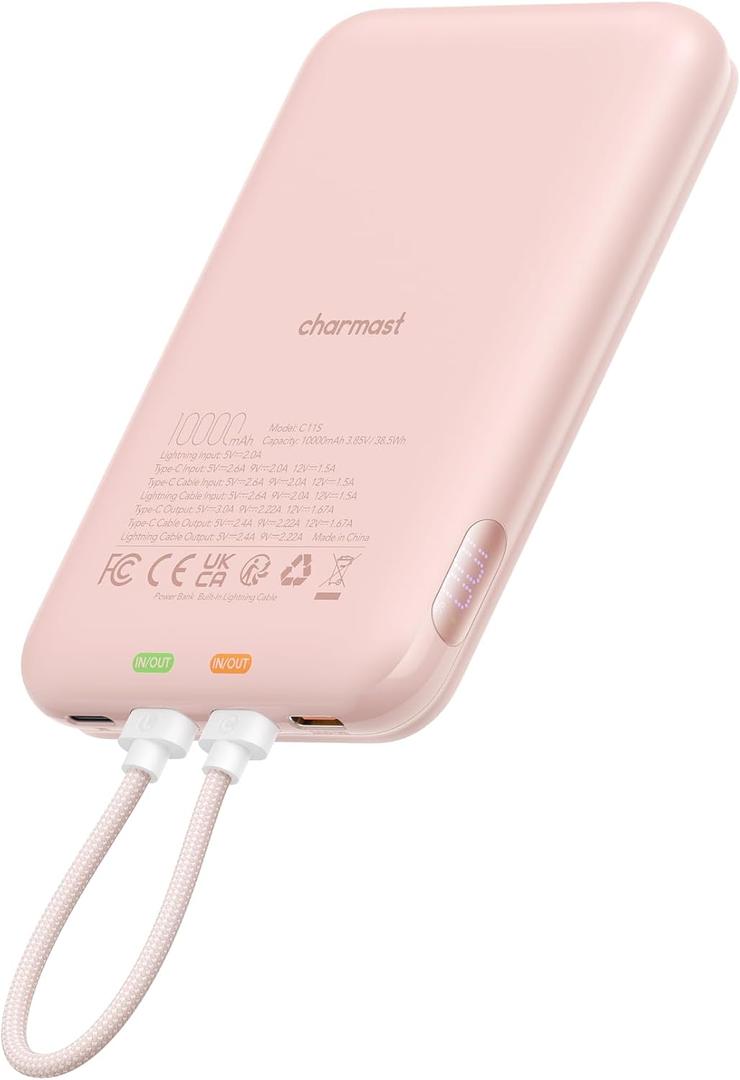 Charmast 10000mAh Wired Portable Charger, 20W Fast Charging Slim Power Bank with Removable Cable for iPhone & Android, Hand-Free Battery Pack with Digital Display for Short Travel (No-Wireless) (Pink)